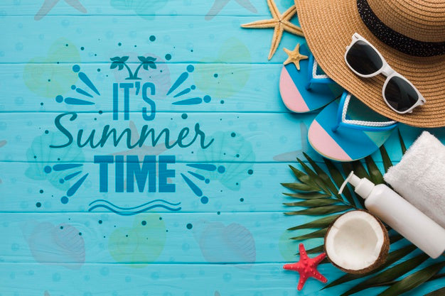 Top View Summer Hat With Flip Flops And Coconut Psd