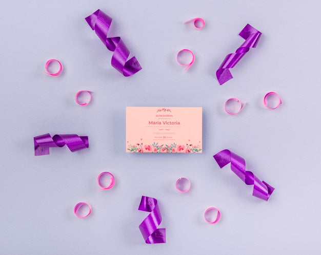 Top View Sweet Fifteen Birthday Invitation And Ribbons Psd