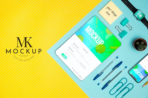 Top View Tablet And Desk Items Psd