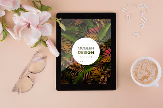 Top View Tablet And Glasses Assortment Psd