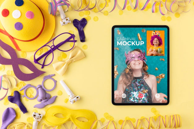 Top View Tablet Mock-Up With Carnival Accessories Psd