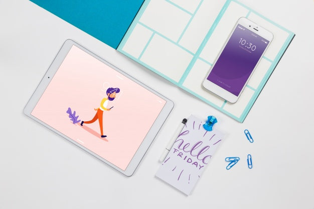 Top View Tablet Mockup With Desk Elements Psd