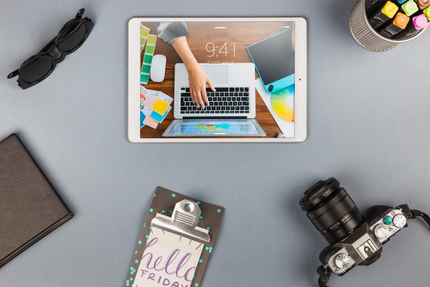 Top View Tablet Mockup With Desk Elements Psd