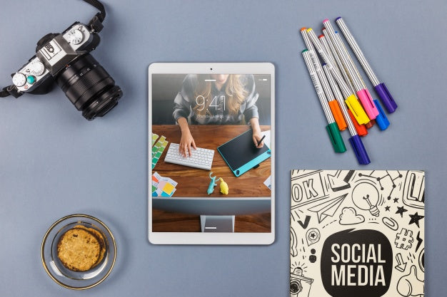 Top View Tablet Mockup With Desk Elements Psd