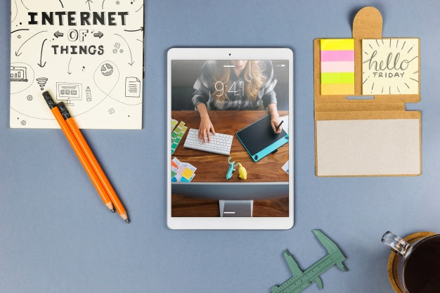 Top View Tablet Mockup With Desk Elements Psd
