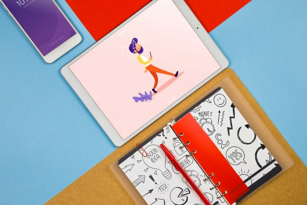 Top View Tablet Mockup With Desk Elements Psd