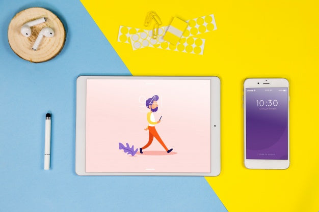 Top View Tablet Mockup With Desk Elements Psd