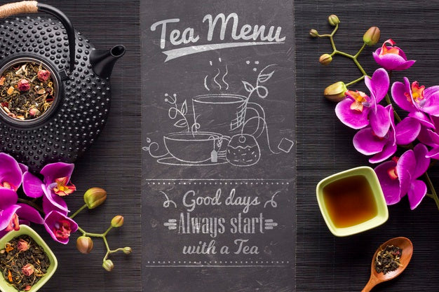 Top View Tea Menu With Herbs And Flowers Psd