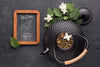 Top View Tea Pot With Spices And Tea Menu Psd