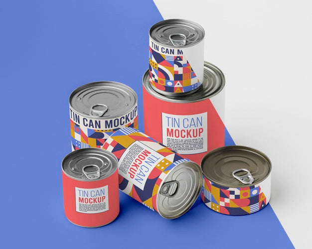 Top View Tin Cans Arranged On Table Psd