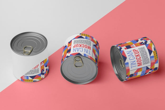 Top View Tin Cans Arranged On Table Psd