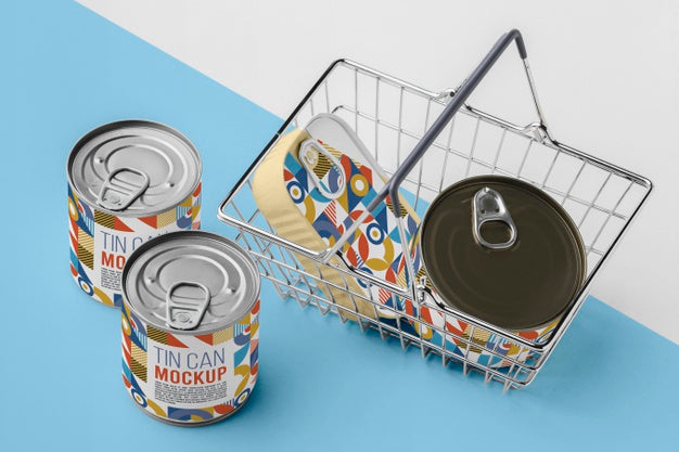 Top View Tin Cans In Basket Psd