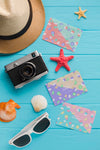 Top View Travel Camera With Hat And Sunglasses Psd