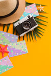 Top View Travel Hat With Summer Cards And Camera Psd