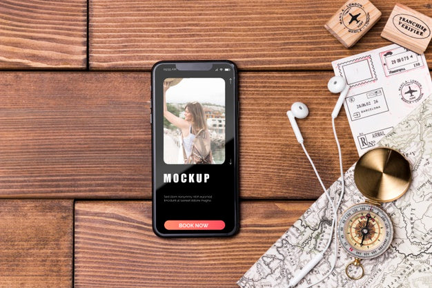 Top View Travel Mock-Up Listening To Music Psd