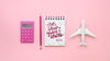 Top View Travelling Plane And Pink Calculator Psd