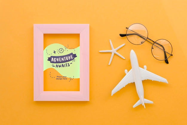 Top View Travelling Plane With Glasses And Frame Psd