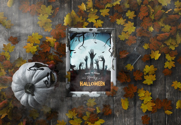 Top View Trick Or Treat Spooky Halloween Frame With Dried Leaves Psd