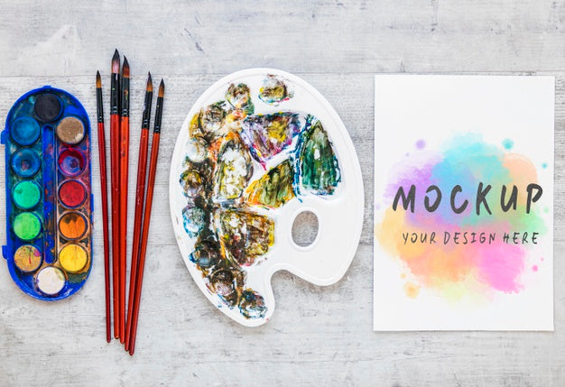 Top View Watercolor Elements Composition With Mock-Up Psd