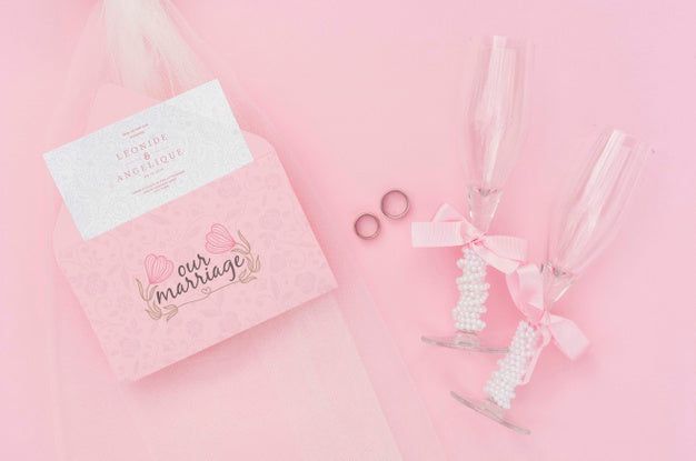 Top View Wedding Ideas With Envelope And Glasses Of Champagne Psd