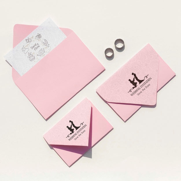 Top View Wedding Ideas With Various Envelope Sizes Psd
