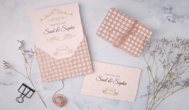 Top View Wedding Invitation And Present Psd