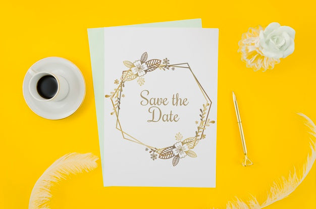 Top View Wedding Invitation Mock-Up On Yellow Background Psd