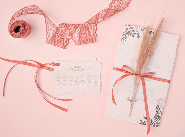 Top View Wedding Invitation With Ribbon Psd