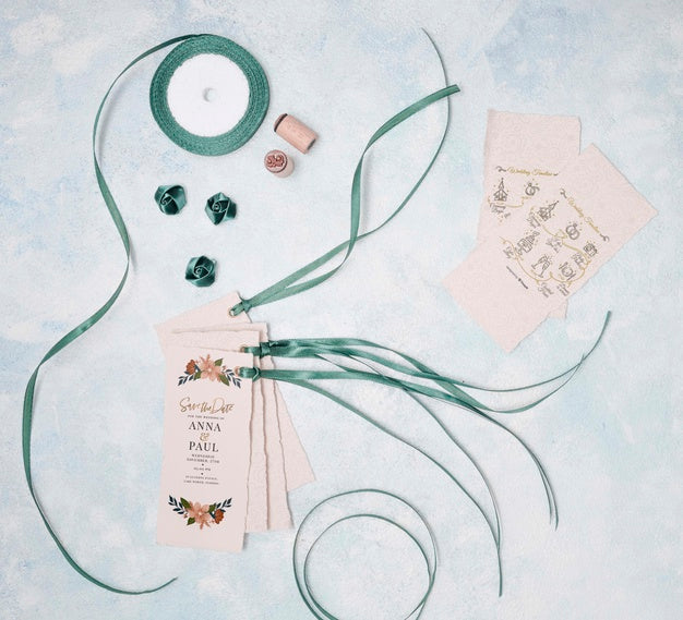 Top View Wedding Invitations With Ribbon Psd