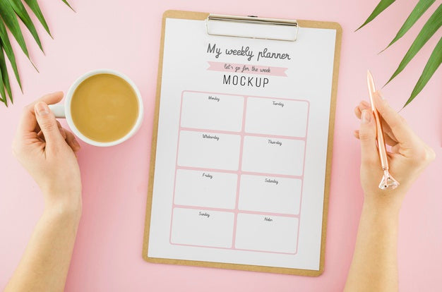 Top View Weekly Planner With Coffee Psd