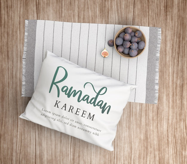 Top View White Pillow And Bowl With Figs On Carpet Psd