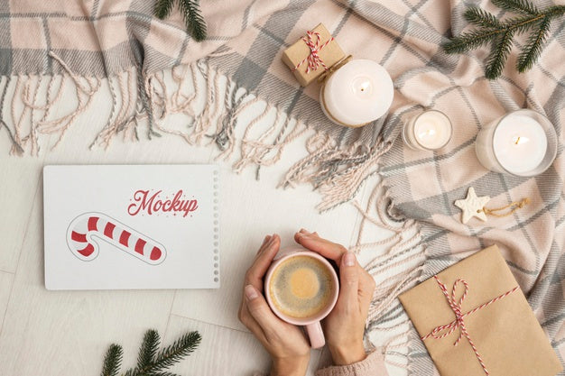 Top View Winter Hygge Composition With Card Mock-Up Psd