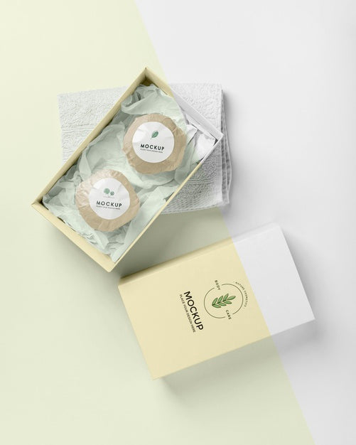 Top View Yellow Bath Bombs And Boxes Psd
