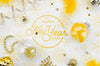 Top View Yellow New Year Party Accessories And Happy New Year Lettering Psd