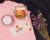 Top View Yogurt And Fruits With Cardboard Mock-Up And Dead Flowers Psd