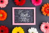 Tpo View Of Chalkboard And Colorful Flowers Psd