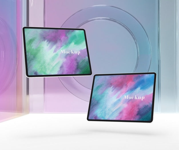 Transparent Glass With Tablet Device Collection Psd
