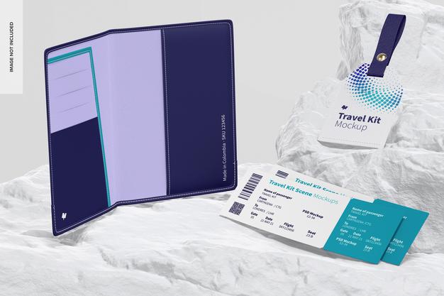 Travel Kit Scene Mockup, Perspective Psd