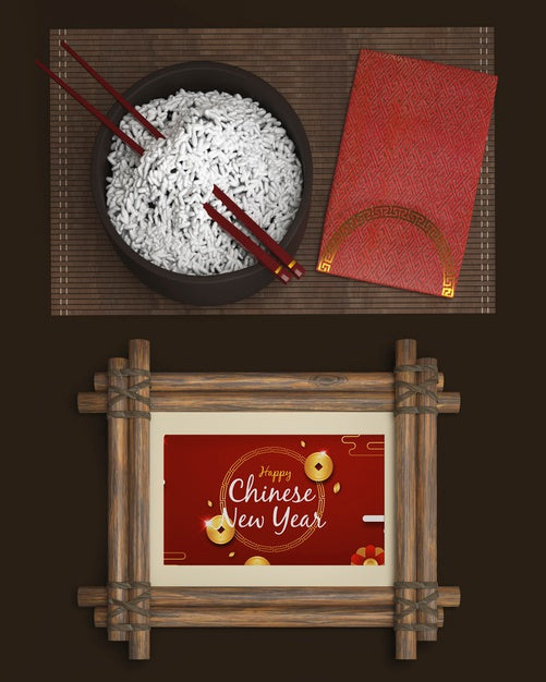 Tray With Rice And Decorations For New Year Psd