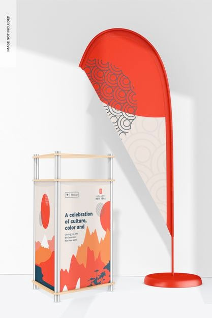 Triangle Shaped Metal Counter With Banner Mockup Psd