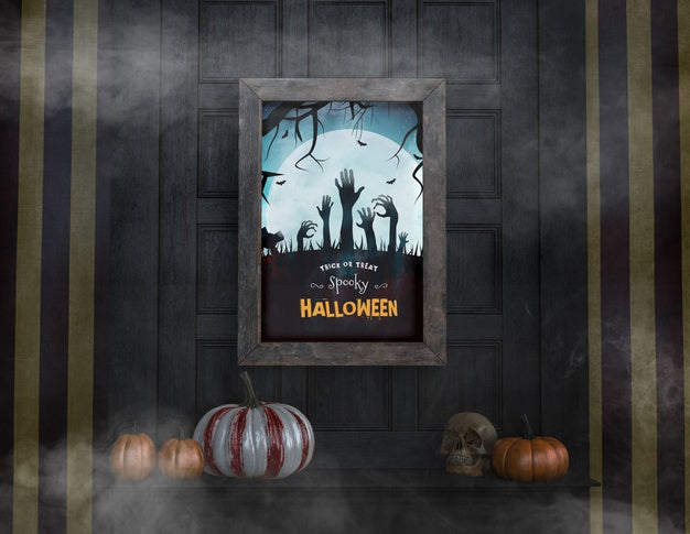 Trick Or Treat Spooky Halloween Mock-Up And Pumpkins Psd