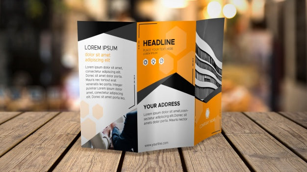 Trifold Brochure Mockup On Tabletop Psd
