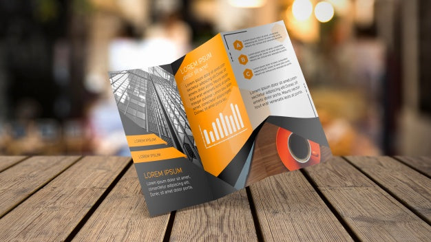 Trifold Brochure Mockup On Tabletop Psd