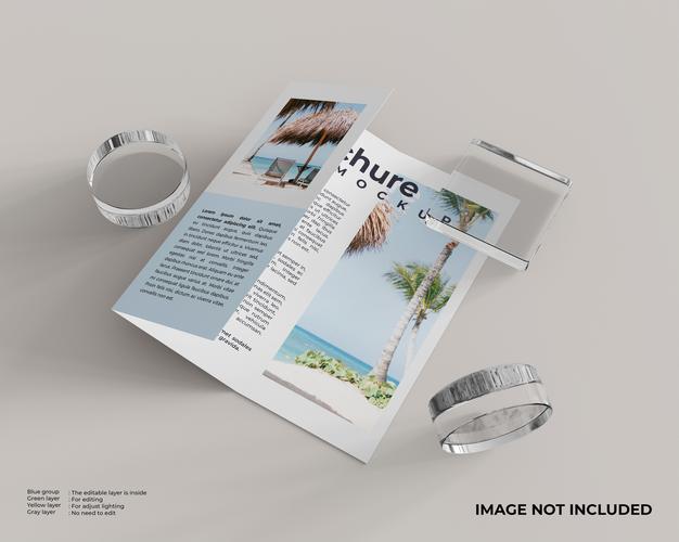 Trifold Brochure With A Square Glass Box And Two Cylinder Glass On Side Psd