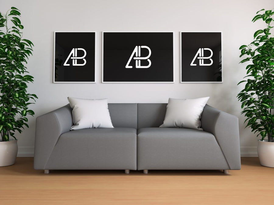 Triple Poster In Living Room Mockup