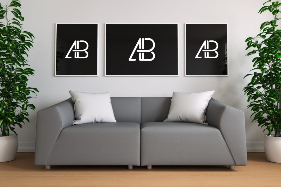Triple Poster In Living Room Mockup