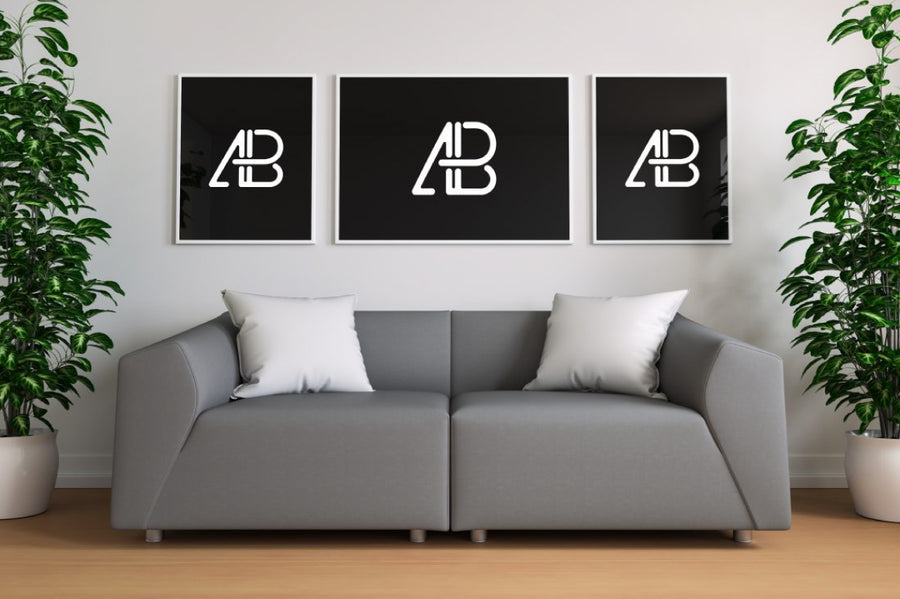 Triple Poster In Living Room Mockup