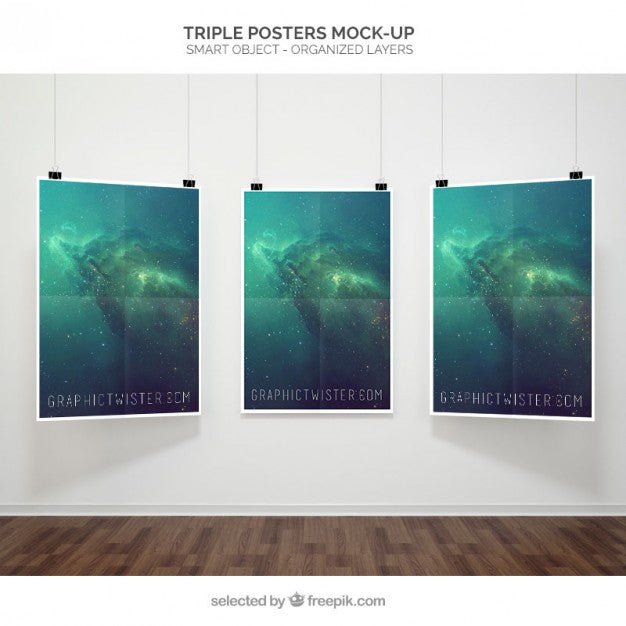 Triple Poster Mockup Hanging on Showroom