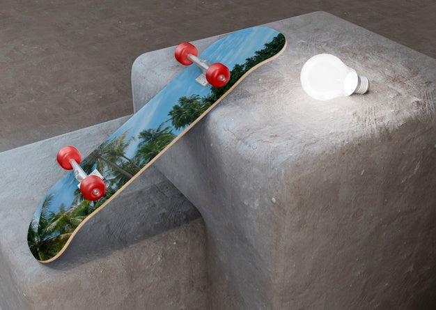 Tropical Design Skateboard Laying On Stairs Psd