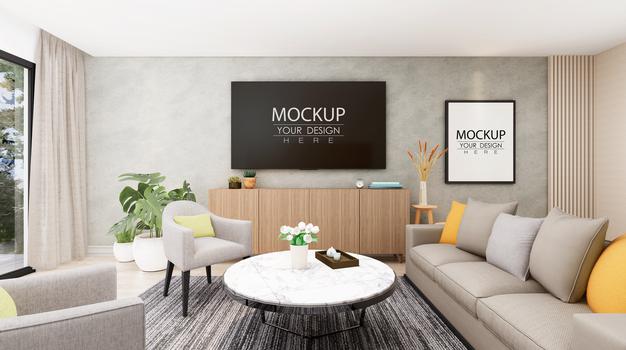 Tv In Living Room Mockup Psd